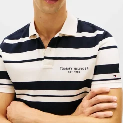 Tommy Hilfiger Herren Pique Multi Streifen Polo Hemd Ivory Petal/Desert Sky